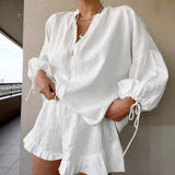 White Cotton-Song V-Neck Lantern Sleeves Of Loose Long-Sleeved Hot Pants Set 2025 Spring Fashion New Two-Piece Set 68HZ