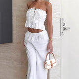 2025 Summer Cotton High-End Wood Ear Drawstring Wrinkle Vest Sling Broad Leg Pants Two Sets 68HZ