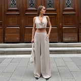 Summer Fashion Design Feel Sleeveless V Collar Umbilion Short Waist Broad-Footed Trousers Temperament Casual Takts Suit Woman 68HZ