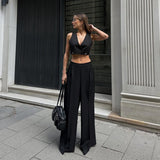 Summer Fashion Design Feel Sleeveless V Collar Umbilion Short Waist Broad-Footed Trousers Temperament Casual Takts Suit Woman 68HZ