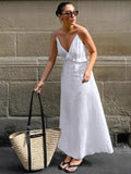 Sexy White Cotton Tame V-Neck Lotus Leaf Side Loose Sling Dress 2025 Spring And Summer New Holiday Dress 68HZ
