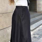 Black Silk Dress Women's Dress 2025 Spring Open High Waist Temperament Commuter Color Half Skirt 68HZ