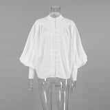 Autumn/Winter 2025 White Leisure Temperament Relaxed Small Standing Lantern Sleeves 100 Folded Commuter Style Women's Shirt 68HZ