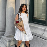 Spring And Summer White Temperament Dress Round Collar Sexy Bow Tie With Elegant Loose Short Dress Women's Dress 68HZ