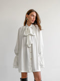Autumn And Winter Leisure Temperament Thick And Dumb Color Color Silove Loose Fluttering Lead The Horn Sleeve With Women's Dress White 68HZ
