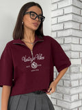 New Chromic Letter Embroidery Short Sleeves Loose Casual Half-Tzip-Up Clip T-Shirt Lady Summer 68HZ