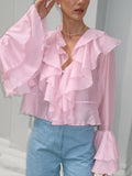 Summer Charm Pink Chiffon Sunscreen Temperament Cascading Lotus Loaf Side V Collar Horn Sleeve Short Lady Shirt 68HZ