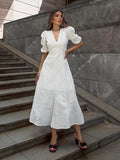 2025 New Women's French Cotton-Dense V. Collar Bubble Sleeve Strap Bow Dress High Sense 68HZ