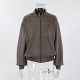 Autumn/Winter Vintage Gray Velvet Knitting V-Neck Long-Sleeved Loose Coat Casual Commuter Jacket Outerwear 68HZ