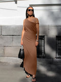 2025 Vintage Spring/Summer Casual Cotton Brown Irregular Collared Short-Sleeved Slimmed Sexy Dress 68HZ