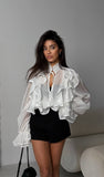 Women's Clothing With Horn Sleeve Tops Women's Spring Design Feel Leaves Edge V-Neck Solid Color Shirt 68HZ
