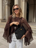 Spring New Women's Design Sense Round-Neck Lotus Leaf Sleeves Gentle Wind Loose Chiffon Shirt 68HZ