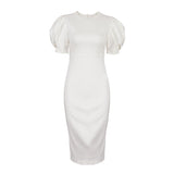 2025 Summer New Round-Neck Short-Sleeved Temperament Commuting Height Waist Bubble Sleeve Dress Women's Bag And Hip Dress 68HZ