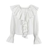 Cotton Design Lotus Leaf Side Sexy V Tie Shoulder Sleeves With Autumn And Winter Temperament Casual Shirt Woman 68HZ
