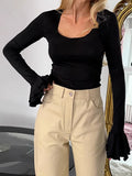 2025 New Early Autumn U Collar Lotus Side Long Sleeve Design Feel T-Shirt Knitted Bottom Top 68HZ