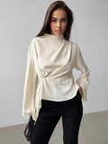 French Small Stand-Up Chiffon Sleeve 100-Fold Open Fork Shirt 2025 Spring New Fashion Top 68HZ