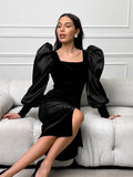 Black Sexy Temperament Collar Bubble Sleeve Knitting Korean Straight-Up Dress Stylish Dress 68HZ