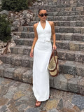 2025 Summer Fashion White Sexy Hanging Neck Sleeveless Vest High Waist Body Skirt Open Skirt Dress Suit 68HZ