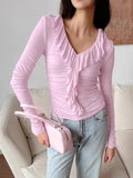 Women's Clothing 2025 Autumn And Winter New Long-Sleeved T-Shirt V-Neck Fashion Temperament Commuting Lotus Leaf Blouse 68HZ
