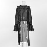 Chiffon Shirt Women's Black Mesh Irregular Niche Design Round Neck Lotus Leaf Sleeve Long Sleeve Top 68HZ