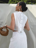Spring And Summer New White Cotton Sleeveless Collar Top Open Loose Long Dress Two Sets Of Simple Commuter Suit Woman 68HZ