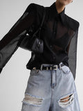 2025 Spring And Summer New Temperament Retro Perspective Yarn Loose Long-Sleeved Shirt Fashion Cardigan Woman 68HZ