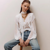 2025 Spring And Summer New Comfortable V Collar Lotus Side Long Sleeve Loose Shirt Design Sense Commuting Top 68HZ
