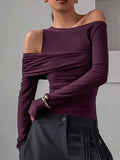 Hottie Slanted Shoulders Hollow Long-Sleeved Irregular T-Shirt Autumn Women's High-End Pure Desire To Repair The Temperament Top 68HZ