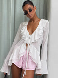 French Chiffon V-Neck Horn Sleeve Leaf Leaf Long-Sleeved Shirt 2025 Spring/Summer Fashion New T-Shirt 68HZ