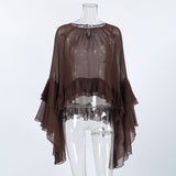 Spring New Women's Design Sense Round-Neck Lotus Leaf Sleeves Gentle Wind Loose Chiffon Shirt 68HZ