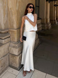 2025 New Imitation Acetic Acid Butt White Sleeveless Hanging Neck Vest Fishtail Skirt Set Summer Fashion 68HZ