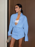 Spring And Summer Fresh Blue Loose Collar Shirt Sleeves Hip Dress Fashion Pencil Skirt 68HZ