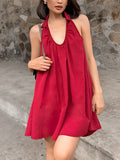 Summer Fashion Elegant Loose Hanging Neck Bare Back Temperament Red Cotton Dress Temperament Short Dress Girl 68HZ