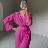 Autumn/Winter 2025 New Long-Sleeved Lap Folding Shirt Women's Broad-Legged Drag Feeling Wrinkled Trouser Set Solid Color 68HZ