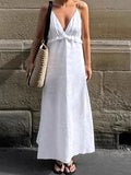 Sexy White Cotton Tame V-Neck Lotus Leaf Side Loose Sling Dress 2025 Spring And Summer New Holiday Dress 68HZ