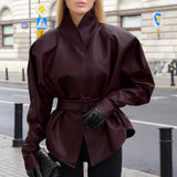 Vintage Wine Red Autumn And Winter Leather Coat Female Senior Feeling Long Sleeves Up Her Belt To Collect Waist Thin Leather Jacket 68HZ