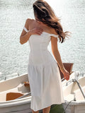 French One-Word Sexy Open Shoulder To Thin Dress 2025 Summer Fashion New Mid-Long Dress 68HZ