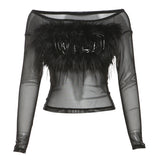 Women's Clothing 2025WISH Autumn And Winter New Solid Color Long-Sleeved Word-Collar Mesh Yarn Perspective Top Lady 68HZ
