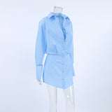 Spring And Summer Fresh Blue Loose Collar Shirt Sleeves Hip Dress Fashion Pencil Skirt 68HZ