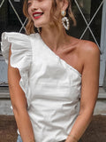 French Retro Temperament Collared Shoulder Design Short Cotton White Summer Lotus Leaf Side Vest Woman 68HZ