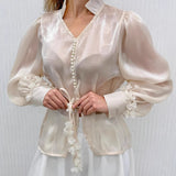 French Champagne Chiffon Lantern Sleeve Temperament Shirt Autumn 2025 New High-End Blouse Woman 68HZ
