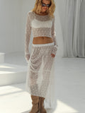 Spring And Summer Fashion Sexy Temperament Perspective Lace Long-Sleeved Collar Blouse Low-Waisted Half-Dress Two-Piece Woman 68HZ