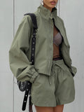 Vintage Wind Green Windy Windwear Autumn Free Small Standing Collar Long Sleeve With Open Shorts Casual Set 68HZ
