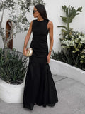 2025 Summer Fashion High-End Sleeveless Black Languid Temperament Round Collar Dress French Mesh Splicing Long Dress 68HZ