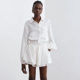 2025 Summer Cotton Women's Long-Sleeved Top Lotus Side Shorts Two Sets Of Casual Fashion White Set 68HZ