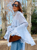 Blue High-Collar Temperament Horn Sleeves Of The Lady's Shirt 2025 Spring And Summer Fashion New Top 68HZ