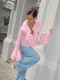 Summer Charm Pink Chiffon Sunscreen Temperament Cascading Lotus Loaf Side V Collar Horn Sleeve Short Lady Shirt 68HZ
