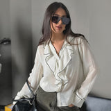New Fashion Commuting Color Lotus Leaf Side Long-Sleeved Lady Shirt Spring And Summer Temperament Comfortable Cardigan Women's Clothing 68HZ