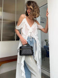 White Chiffon V-Necked Leaf Sided Shoulder Sling Dress 2025 Summer Fashion New Long Dress 68HZ