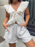 White Flying Sleeve Cotton Hemp Leaves Side Strapped Small Vest 2025 Summer Fashion New Woman 68HZ